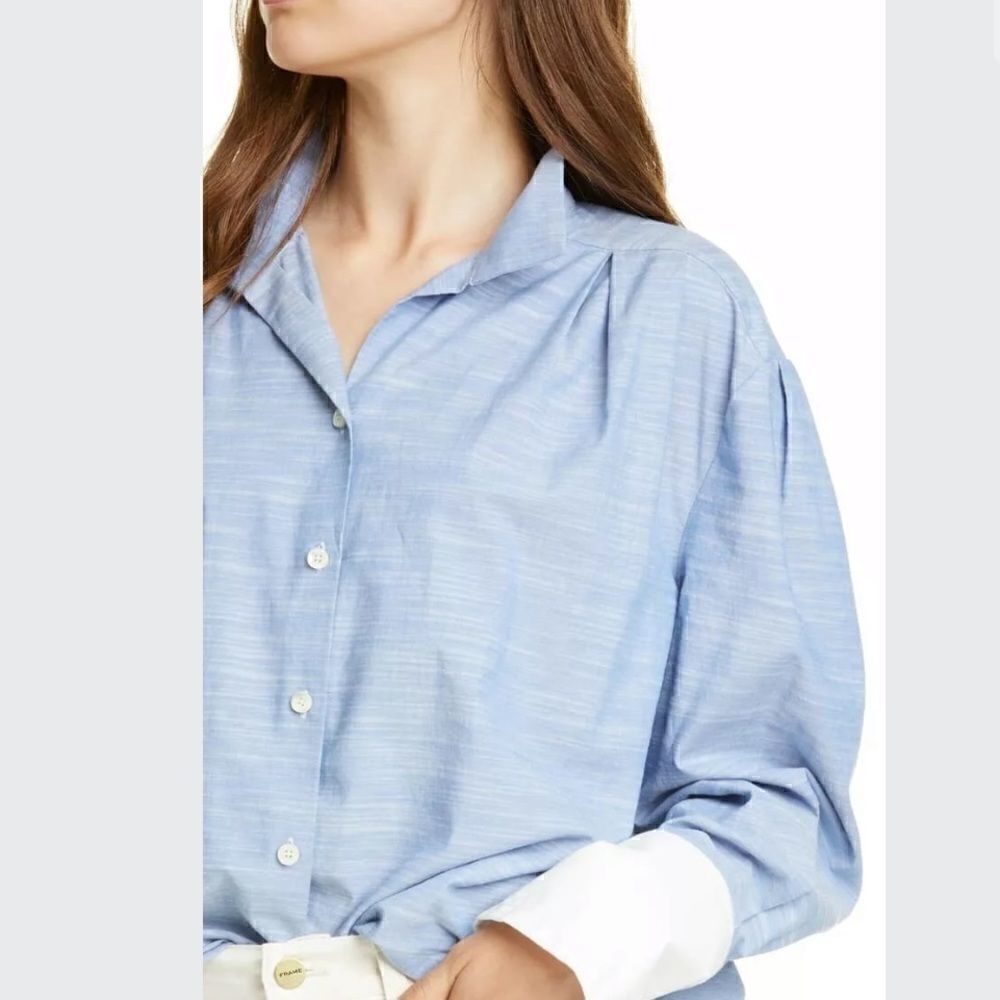 Frame Oxford Blue Pleated Contrast Cuff Button Up - Picture 8 of 11
